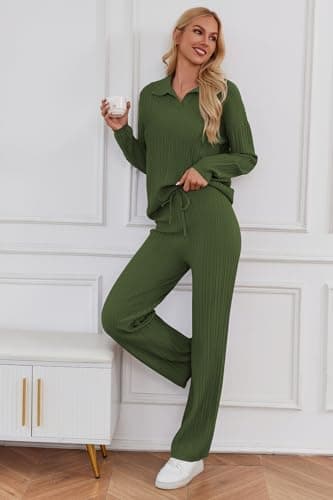 Cakulo Womens 2024 Lounge Sets 2 Piece Outfits Knit Sweater Matching Set Ribbed Wide Leg Loungewear Sweatsuits Army Green S - Image 5