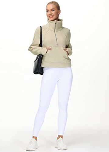 THE GYM PEOPLE Women's Half Zip Pullover Sweatshirt Fleece Stand Collar Crop Sweatshirt with Pockets Thumb Hole Khaki - Image 6