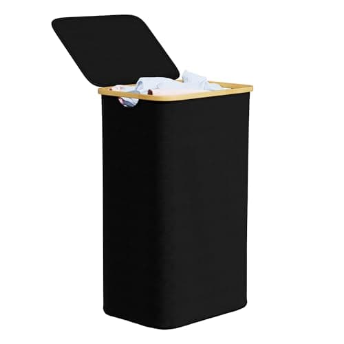 SpaceAid Laundry Hamper with Lid, 110L Large Tall Clothes Basket Bin with Bamboo Handles, Collapsible Laundry Hamper for Bedroom, Bathroom, Dorm, Laundry Room - Black - Image 1