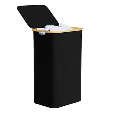 SpaceAid Laundry Hamper with Lid, 110L Large Tall Clothes Basket Bin with Bamboo Handles, Collapsible Laundry Hamper for Bedroom, Bathroom, Dorm, Laundry Room - Black - Image 1