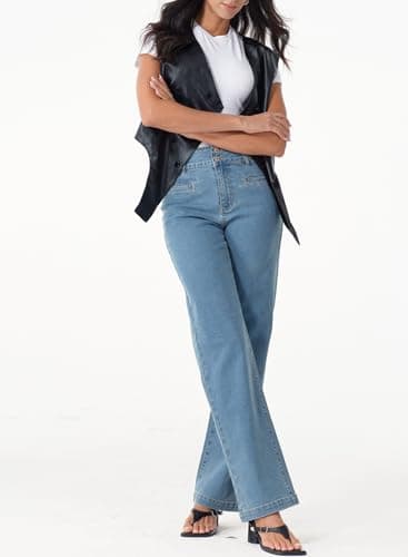 Sidefeel Women's Wide Leg Jeans High Waisted Straight Leg Stretchy Zimbaplatinum Trendy Loose Denim Pants Blue Size 12 - Image 5