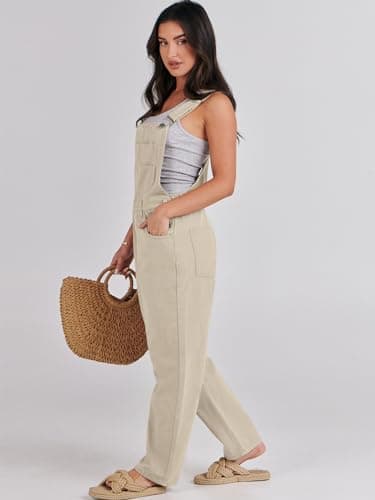 ANRABESS Overalls for Women Loose Fit Denim Overalls Adjustable Strap Jean Jumpsuit Bib Romper 2025 Fall Casual Work Outfits Apricot Small - Image 4