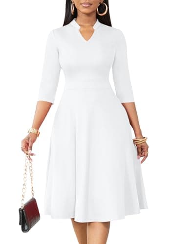 Nmoder Casual Dresses for Women Semi Formal Fit and Flare 3/4 Sleeve A-line Church Work Dress with Pockets White 2XL - Image 1