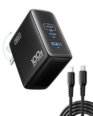 INIU USB C Charger Block, 100W 3-Port PD Fast Charging, Compact Foldable MacBook Charger with USB C Cable, GaN Tech Power Adapter for MacBook Air Pro, iPad, iPhone 17 16 Pro Max, Samsung S25 S24 etc - Image 1