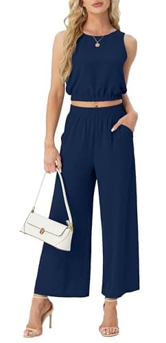 2 Piece Sets for Women Summer Sleeveless Crop Top Wide Leg Pants Resort Wear for Women 2025 Dark Blue-M - Image 2