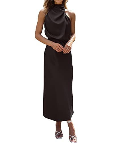 BTFBM Women Sleeveless Cocktail Dresses Fall Mock Neck Keyhole Elastic High Waist Evening Party Maxi Wedding Guest Dress(Black, Small) - Image 1