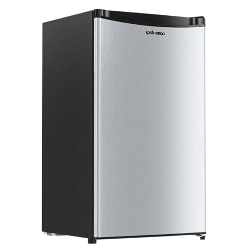 Upstreman 3.2 Cu.Ft Mini Fridge with Freezer, Single Door Mini Fridge, Dorm Fridge, Adjustable Thermostat, Mini Refrigerator for Dorm, Office, Bedroom, Stainless Steel-SR321 - Image 1