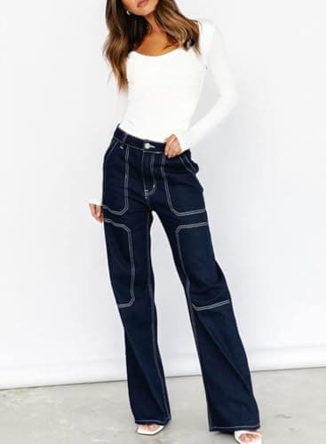 Dokotoo Womens Casual High Waisted Cargo Jeans for Women Wide Leg Boyfriend Denim Pants Blue Size 8 - Image 5