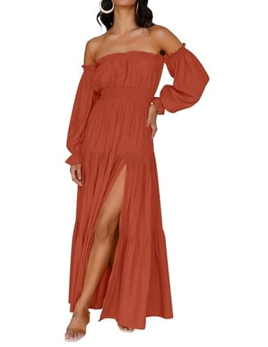 ZESICA Women's 2024 Boho Sexy Off Shoulder Long Sleeve Smocked High Waist Side Split Flowy A Line Tiered Long Maxi Dress,Rust,X-Large - Image 1