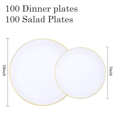 KIRE 200PCS Gold Plastic Plates - Disposable Plates for Party - White Plastic Plates with Gold Rim Include 100 for Dinner and 100 for Dessert/Salad in Wedding/Thanksgiving - Image 3