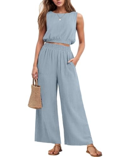 GRECERELLE 2 Piece Sets for Women Summer Sleeveless Crop Top Wide Leg Pants Resort Wear for Women 2025 Haze blue-M - Image 1