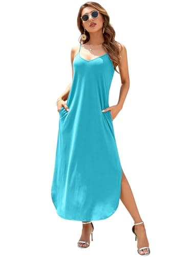 HUSKARY Spaghetti Strap Maxi Dresses for Women 2025 Summer Beach Cover Up Casual V Neck Sleeveless Long Cami Dress with Pockets and Split - Image 2
