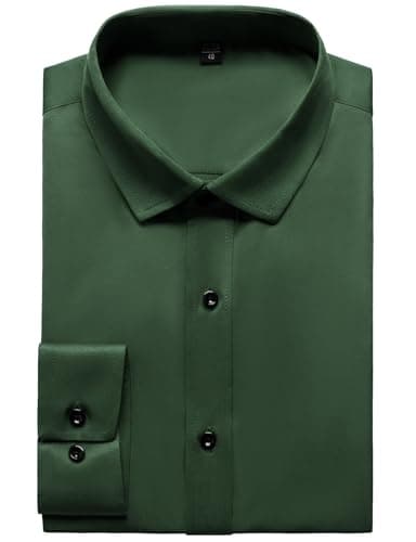JEMITOP Men's Stretch Wrinkle Free Dress Shirts Formal Wedding Prom Long Sleeve Button Down Shirt Dark Green M - Image 6