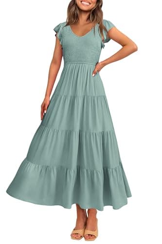 PRETTYGARDEN Women's Summer Flowy Maxi Dress Casual Cap Sleeve V Neck Smocked Beach Sundress (Solid Grey Green,Small) - Image 1
