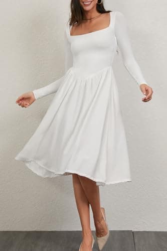 CHYRII Womens White Dress Spring Fashion 2025 Square Neck Long Sleeve Casual A-Line Midi Dress S - Image 4