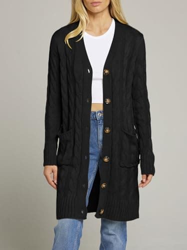 MEROKEETY Women's 2025 Long Sleeve Cardigan Sweater Fall Winter Cable Knit Open Front Button Long Outerwear, Black, L - Image 7