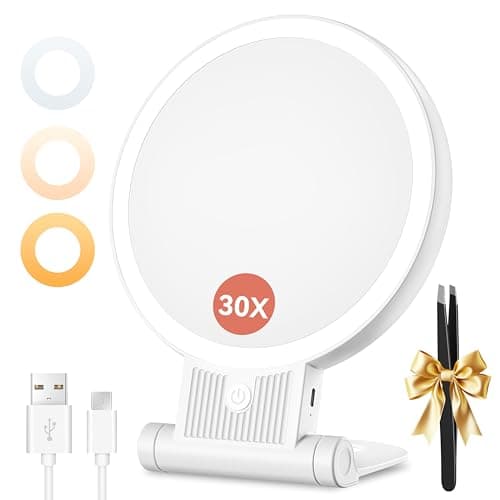 Auxmir 1X/30X Magnifying Mirror with Light, Double Sided Makeup Mirror with Adjustable 3 Color Light, 2000mAh Rechargeable Lighted Magnifying Mirrors with Tweezer, Foldable Travel Mirror with Rotation - Image 1