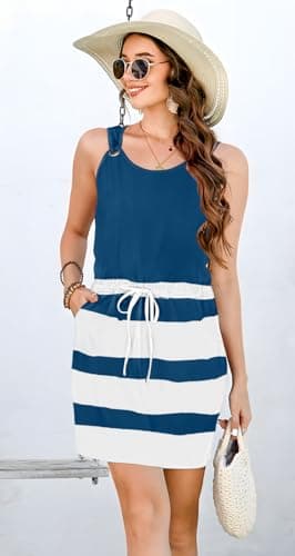 ETCYY Womens Causal Summer Dress Striped Sleeveless Waist Tie Front Romper A- Line Mini Short Sun Dresses with Pockets,Striped Navy,Medium - Image 3
