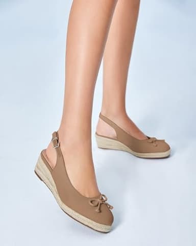 Coutgo Womens Closed Toe Espadrilles Wedges Shoes Platform Slingback Mid Low Heel Canvas Bow Dress Sandals, Coffee, Size 8.5 - Image 2