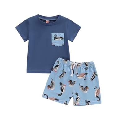 PUHHAPIEY Toddler Baby Boy Summer Clothes Retro Embroidery Duck Hunting Shirts T-Shirt + Elastic Camouflage Shorts Set (Navy Blue, 3-4T) - Image 1
