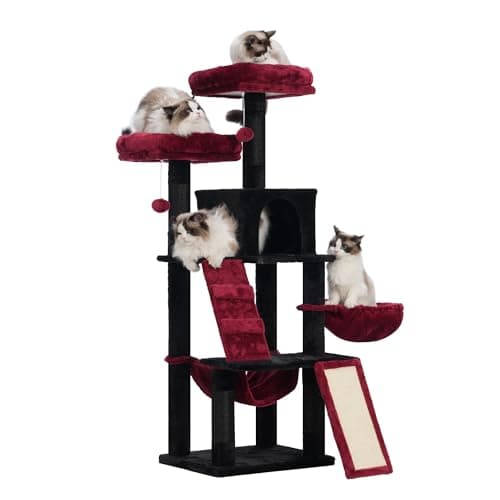 Heybly Cat Tree, Gothic Cat Tower for Indoor Cats, Multi-Level Cat Furniture Condo for Cats with Padded Plush Perch, Cozy Basket and Scratching Board, Black and Red HCT014BR - Image 1