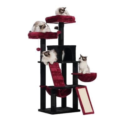 Heybly Cat Tree, Gothic Cat Tower for Indoor Cats, Multi-Level Cat Furniture Condo for Cats with Padded Plush Perch, Cozy Basket and Scratching Board, Black and Red HCT014BR - Image 1