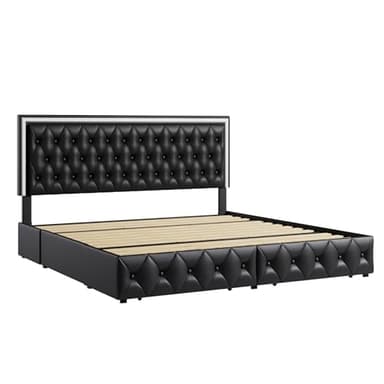 Keyluv Queen Upholstered LED Bed Frame with 4 Drawers, Pu Leather Platform Storage Bed with Adjustable Button Tufted Headboard and Solid Wooden Slats Support, No Box Spring Needed, Black - Image 8