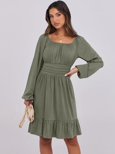 ANRABESS Womens Dress Long Lantern Sleeve Square Neck Elastic Waist Ruffle Flowy Swing A-Line Short Dresses 2025 Fall Fashion Army Green Medium - Image 2