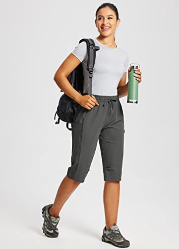 baleaf Women's Below Knee Long Hiking Cargo Shorts UPF 50 3/4 Capri Lightweight Water Resistant Zip Pocket Elastic Waist Dark Grey XL - Image 6