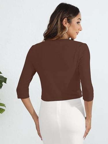 Heymoments Women's Thin Shrugs for Dresses Open Front Coffee Medium Knit 3/4 Sleeve Lightweight Coat Cropped Tops Shawls and Wraps Cardigan Dressy Sweater Clothes - Image 3