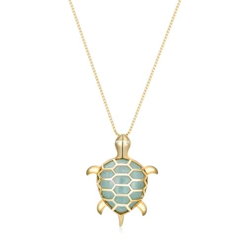 Amazon Essentials womens Yellow 18K Gold Plated Sterling Silver Genuine Green Jade Turtle Pendant Necklace, 18" (previously Amazon Collection)