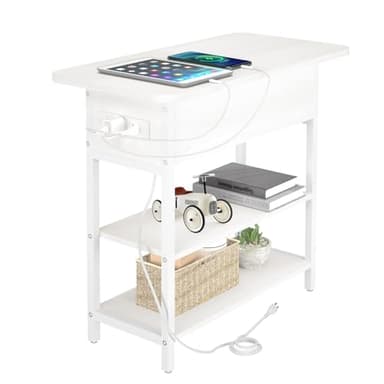 Yoobure End Table with Charging Station, Flip Top Side Table with USB Ports and Outlets, Sofa Couch Table Bedside Table for Living Room Bedroom, Narrow Nightstand with Storage Shelves for Small Spaces - Image 1