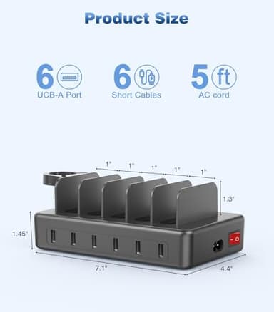 CREATIVE DESIGN 50W Fast Charging Station, 6 Port Apple Charging Station for Multiple Devices Compatible with iPhone,iPad, Tablet,Kindle ect,with 6 Short Cables and Apple Watch Holder（Space Gray） - Image 8