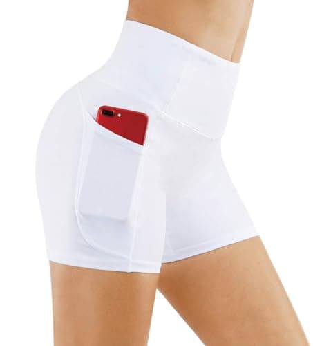 THE GYM PEOPLE High Waist Yoga Shorts for Women Tummy Control Fitness Athletic Workout Running Shorts with Deep Pockets (Large, White) - Image 1