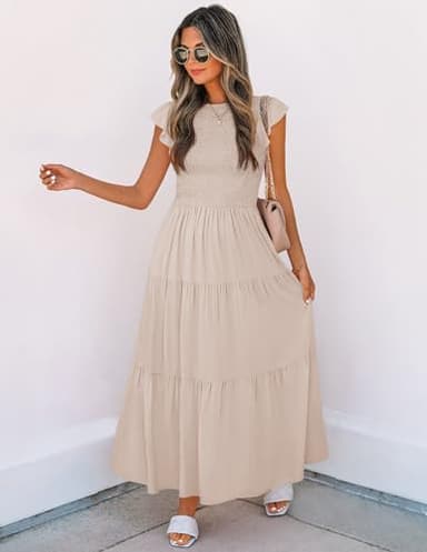 ZESICA Women's 2025 Summer Casual Flutter Short Sleeve Crew Neck Smocked Elastic Waist Tiered Midi Dress,Apricot,Medium - Image 5