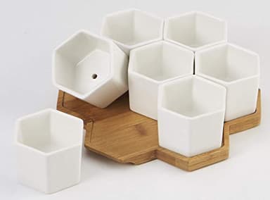 FLOWERPLUS Planter Pots Indoor, 7 Pack 2.75 Inch Modern White Ceramic Small Hex Succulent Cactus Flower Plant Pot with Bamboo Tray for Indoors Outdoor Office Home Garden Kitchen Decor (Hexagon) - Image 4