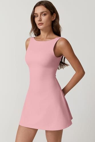 QINSEN Exercise Workout Dress for Women Boat Neck Sleeveless Flare Tennis Dress with Shorts Pockets Pink L - Image 3