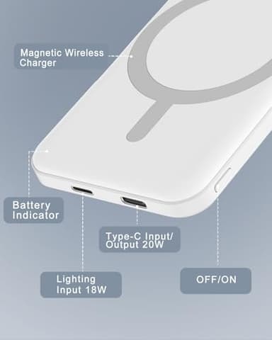 podoru for Magsafe Battery Pack, 5000mAh Magnetic Power Bank with Type-C Cable 20W PD Fast Charging Lighting Input Wireless Portable Charger for iPhone 17/16/15/14/13/12/ All Series-White - Image 5