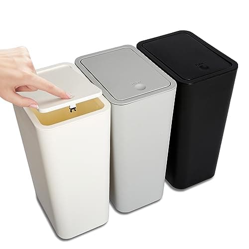 N. NETDOT 3 Pack 10L / 2.6 Gallon Small Trash Can with Lid,Bathroom Garbage Can with Pop-Up Lid,Waste Basket for Bathroom,Kitchen,Bedroom,Powder Room,Office,College (Black-Grey-Off White) - Image 1