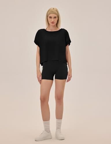 UNIANKIYA Open Back Workout Tops for Women Loose Fit Athletic Crop Tee Short Sleeve Gym Running Yoga Shirt Black - Image 3