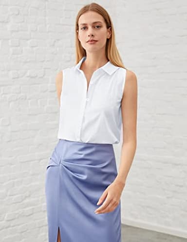 Zeagoo Women's Sleeveless Button Down Shirt Tops Solid Casual Loose Blouse,White,Medium - Image 4