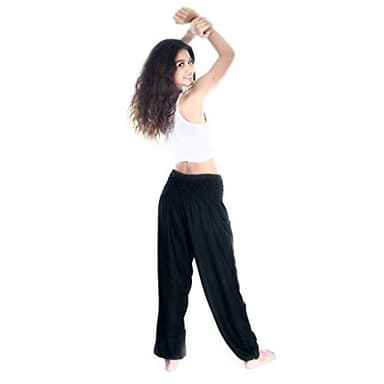 Boho Pants 2-Pocket Flowy Harem Pants Women for Yoga Travel Hippie Clothes Solid Black - Image 4