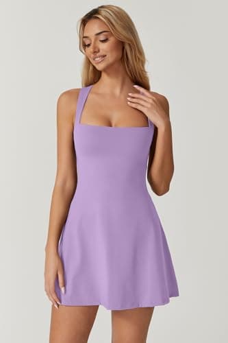QINSEN Womens Square Neck Tennis Dress Sleeveless Built in Shorts Golf Athletic Dress with Pockets Light Purple S - Image 3