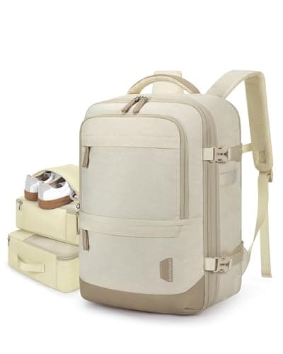 BAGSMART Compression Travel Backpack, 37L Expandable Carry On Backpack with Packing Cubes, Water Resistant Weekender Backpack with Shoe Bag, Warm Beige - Image 1