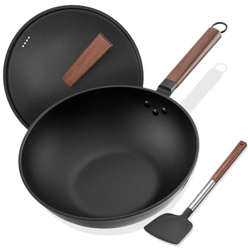 Todlabe Carbon Steel Wok, 13-Inch, Pre-Seasoned, Non-Stick, with Lid and Spatula, Flat Bottom, Ideal for Stovetop Cooking - Image 1