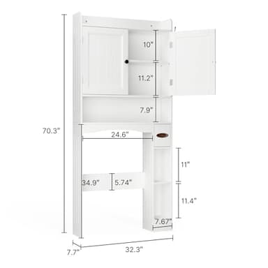 Ahomly Over The Toilet Storage Cabinet, 32.3" W Over Toilet Bathroom Organizer with Doors, Adjustable Shelves, Toilet Paper Holder, 2 Side Hooks, Space-Saver for Bathroom, Laundry, White - Image 2