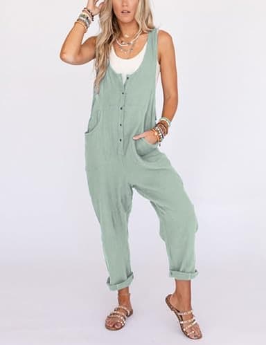Yeokou Womens Overalls Linen Cotton Jumpsuits Loose Casual Jumpers with Pockets(LightGreen-M) - Image 2