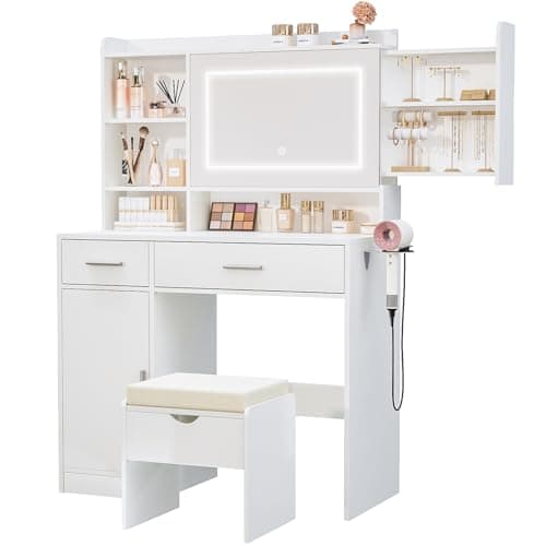 Viaozutis Vanity Desk with Mirror and Lights, with Hidden Shelves,4 Compartments,2 Drawers,Cabinet & Stool,Dimmable LED Lights,Power Outlets, Ideal for Bedroom Vanity Organization(White) - Image 1