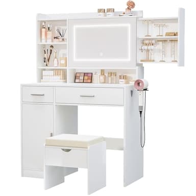 Viaozutis Vanity Desk with Mirror and Lights, with Hidden Shelves,4 Compartments,2 Drawers,Cabinet & Stool,Dimmable LED Lights,Power Outlets, Ideal for Bedroom Vanity Organization(White) - Image 1