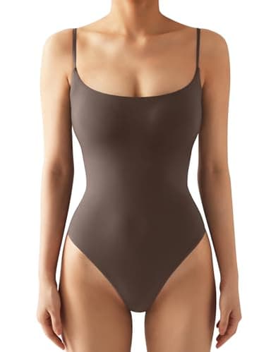 SUUKSESS Women Sexy Square Neck Thong Bodysuit Backless Sleeveless Cami Body Suit Top (Brown, S) - Image 1